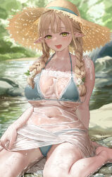 Rule 34 | 1girl, :d, arl, bare shoulders, barefoot, bikini, blonde hair, blue bikini, blurry, blush, braid, breasts, cleavage, collarbone, day, dress, elf, flower, green eyes, hair between eyes, halterneck, hat, highres, large breasts, long hair, looking at viewer, navel, open mouth, original, outdoors, pointy ears, river, side braid, sitting, smile, solo, stomach, straw hat, string bikini, sun hat, swimsuit, thighs, tree, twin braids, water, wet, wet clothes