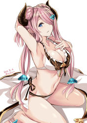 Rule 34 | 10s, 1girl, 2016, alternate costume, alternate hairstyle, arm up, armpits, bikini, blue eyes, braid, breasts, cleavage, dated, draph, frilled bikini, frills, front-tie top, granblue fantasy, hair ornament, hair over one eye, hairclip, highres, horns, large breasts, long hair, looking at viewer, nabeshima tetsuhiro, narmaya (granblue fantasy), narmaya (summer) (granblue fantasy), navel, parted lips, pink hair, pointy ears, sandals, shadow, sideboob, simple background, sitting, solo, swimsuit, twitter username, wariza, white background, white bikini
