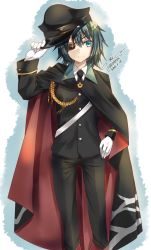 Rule 34 | 10s, 1girl, 2015, aiguillette, alternate costume, artist name, bad id, bad pixiv id, black pants, cape, collared shirt, dated, eyepatch, formal, gloves, green eyes, green hair, hand on own hip, hat, kantai collection, kiso (kancolle), kiso kai ni (kancolle), looking at viewer, matching hair/eyes, military, military uniform, necktie, pants, peaked cap, shirt, short hair, signature, smile, solo, suit, uniform, white gloves, yuihira asu