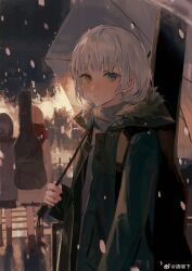 Rule 34 | 3girls, absurdres, bang dream!, bang dream! it&#039;s mygo!!!!!, blue eyes, blush, brown coat, chihaya anon, chinese commentary, coat, commentary request, fur-trimmed hood, fur trim, green jacket, grey coat, grey hair, grey sweater, guitar case, heterochromia, highres, holding, holding umbrella, hood, hood down, hooded jacket, instrument case, instrument on back, jacket, kaname raana, kneehighs, long sleeves, looking at viewer, multiple girls, open clothes, open coat, open mouth, pink hair, qing yan xia, red scarf, scarf, short hair, snow, socks, solo focus, sweater, takamatsu tomori, umbrella, weibo logo, weibo watermark, white hair, winter clothes, yellow eyes