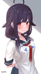 Rule 34 | 1girl, absurdres, ahoge, arms behind back, artist name, black hair, closed mouth, hair flaps, highres, hirotsuki, kantai collection, long hair, looking at viewer, low twintails, neckerchief, one-hour drawing challenge, red eyes, red neckerchief, school uniform, serafuku, short sleeves, signature, smile, solo, taigei (kancolle), twintails, twitter username, upper body