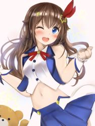 Rule 34 | 1girl, :d, ankimo (tokino sora), bad id, bad twitter id, bare shoulders, blouse, blue eyes, blue skirt, blush, bow, brown hair, cowboy shot, hair bow, hair flaps, hair ornament, hands up, highres, hololive, idol, looking at viewer, miniskirt, nanashi (nlo), navel, neck ribbon, one eye closed, open mouth, pleated skirt, ribbon, shirt, simple background, skirt, smile, solo, standing, star (symbol), star hair ornament, stuffed animal, stuffed toy, teddy bear, tokino sora, tokino sora (1st costume), virtual youtuber, waist cape, white background, white shirt, wristband