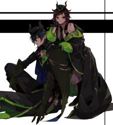 Rule 34 | 2boys, absurdres, black neckwear, blush, collarbone, collared shirt, diagonal stripes, dragon horns, eyeshadow, fang, full body, garrison cap, gloves, green eyes, green eyeshadow, hair between eyes, hair horns, hair over shoulder, hat, headwear request, highres, horns, kochi (kot1), leaning on person, leg up, lilia vanrouge, long sleeves, makeup, male focus, malleus draconia, multicolored hair, multiple boys, necktie, off-shoulder jacket, off shoulder, parted lips, pink eyes, pointy ears, shirt, simple background, sitting, skin fang, slit pupils, smile, standing, standing on one leg, striped, symbol-only commentary, twisted wonderland, two-tone hair, v, zipper