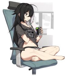 Rule 34 | 1girl, bags under eyes, bare legs, barefoot, black hair, blurry, blurry background, breasts, brown eyes, can, chair, commentary request, depth of field, dev (dev0614), grey hair, grey shirt, hair over one eye, hand under clothes, hand under shirt, highres, holding, holding can, long hair, multicolored hair, navel, no pants, office chair, on chair, original, panties, pepsi, shirt, short sleeves, small breasts, solo, squiggle, swivel chair, two-tone hair, underwear, very long hair