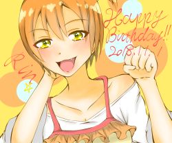 Rule 34 | 1girl, artist request, bare shoulders, blue skirt, blush, bow, clenched hands, green eyes, hoshizora rin, looking at viewer, love live!, love live! school idol festival, love live! school idol project, orange hair, paw pose, shirt, short hair, skirt, sleeveless, sleeveless shirt, smile, solo, v-shaped eyebrows