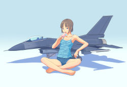 Rule 34 | 1girl, aircraft, airplane, bare shoulders, barefoot, camisole, collarbone, denim, denim shorts, f-16, feet, fighter jet, flash tomo, food, giant, giantess, indian style, jet, licking, looking at viewer, military, military vehicle, original, popsicle, purple eyes, short shorts, shorts, sitting, solo, vehicle focus