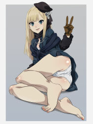 Rule 34 | 1girl, ass, bare legs, barefoot, black headwear, black scarf, blonde hair, blue jacket, breasts, brown gloves, cleavage, commentary request, fate (series), flower, gloves, green background, green eyes, grey flower, hair flower, hair ornament, highres, jacket, long hair, lord el-melloi ii case files, lying, nomanota, on side, reines el-melloi archisorte, scarf, shiny skin, small breasts, smile, solo, v, white background