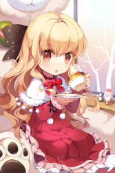 Rule 34 | :o, blonde hair, blush, bow, capelet, celine hastur, child, cup, dress, gilse, holding, layered dress, long hair, open mouth, orange eyes, plate, polka dot, ribbon, sitting, solo, stuffed animal, stuffed toy, sword girls, teacup, tree, very long hair, wavy hair