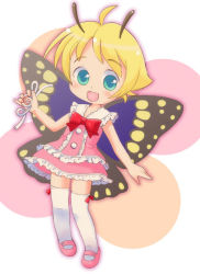 Rule 34 | 1boy, antennae, blonde hair, blush, bug, butterfly, crazy straw, crossdressing, dress, drinking straw, fairy, green eyes, hatomugi (mamotan), holding, insect, looking at viewer, mary janes, open mouth, pink dress, pink footwear, shimon (shimotsuma), shimotsuma, shoes, short hair, sleeveless, sleeveless dress, smile, solo, thighhighs, white thighhighs, wings