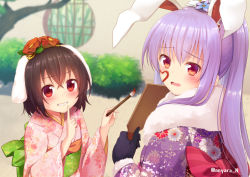 Rule 34 | 2girls, animal ears, bad id, bad pixiv id, bamboo, bamboo forest, black gloves, black hair, blush, bush, commentary request, drawing on another&#039;s face, floppy ears, flower, forest, fur-trimmed kimono, fur trim, gloves, hagoita, hair flower, hair ornament, hanetsuki, heart, inaba tewi, japanese clothes, kimono, light purple hair, looking at viewer, multiple girls, nature, new year, nnyara, obi, open mouth, paddle, paint splatter, paint splatter on face, paintbrush, ponytail, rabbit ears, red eyes, reisen udongein inaba, sash, touhou, tree, twitter username, upper body
