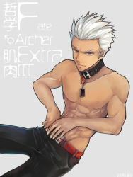 Rule 34 | 10s, 1boy, archer (fate), bad id, bad tumblr id, collar, dark-skinned male, dark skin, fate/extra, fate/extra ccc, fate (series), grey eyes, groin, leather, leather pants, male focus, mrkeisuke, official alternate costume, pants, solo, topless male, white hair