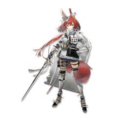 Rule 34 | 1girl, animal ears, arknights, black footwear, brown eyes, flametail (arknights), full body, hat, holding, holding sword, holding weapon, long hair, looking at viewer, norizc, official art, red hair, shin guards, shoes, smile, solo, squirrel tail, standing, sword, tail, thigh strap, transparent background, weapon
