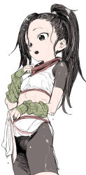 Rule 34 | 1girl, absurdres, bike shorts, black hair, black shorts, breasts, commentary request, detached sleeves, forehead, green sleeves, grey eyes, hand up, highres, kunoichi tsubaki no mune no uchi, long hair, long sleeves, midriff, open mouth, ponytail, puffy long sleeves, puffy sleeves, short sleeves, shorts, simple background, sleeves past wrists, small breasts, solo, tsubaki (kunoichi tsubaki no mune no uchi), wet, wet clothes, white background, yamamoto souichirou