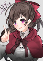 Rule 34 | 1girl, 9610 (kuroto), apron, artist name, brown hair, cape, commentary request, dated, grey background, hair ornament, hair ribbon, hairclip, highres, index finger raised, kantai collection, kappougi, long hair, mamiya (kancolle), one-hour drawing challenge, red cape, red eyes, ribbon, simple background, solo, upper body