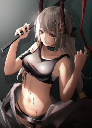 Rule 34 | 1girl, arknights, bare arms, bare shoulders, bikini, black bikini, collar, collarbone, commentary request, cowboy shot, empty eyes, gluteal fold, highres, holding, holding weapon, horns, infection monitor (arknights), kureneko, long hair, material growth, mudrock (arknights), mudrock (elite ii) (arknights), navel, open clothes, oripathy lesion (arknights), parted lips, pointy ears, red eyes, sarashi, silver hair, smile, solo, stomach, swimsuit, very long hair, weapon, yandere
