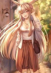 Rule 34 | 1girl, :d, adjusting hair, bag, blonde hair, blurry, blurry background, blush, breasts, cardigan, casual, cleavage, collarbone, day, fate/grand order, fate (series), hair between eyes, handbag, head wings, highres, jewelry, large breasts, long hair, mashuu (neko no oyashiro), open cardigan, open clothes, open mouth, outdoors, red eyes, red skirt, shirt, sidelocks, signature, skirt, smile, solo, twitter username, valkyrie (fate), very long hair, white cardigan, white shirt, wings