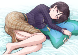 Rule 34 | 1girl, ass, asymmetrical hair, bang dream!, barefoot, bed sheet, belt, black hair, black shirt, breasts, brown skirt, closed mouth, commentary request, eyebrows hidden by hair, frilled sleeves, frills, green belt, hair between eyes, highres, hugging object, jewelry, kitayu, large breasts, long skirt, long sleeves, looking at viewer, lying, necklace, on side, pillow, pillow hug, pink eyes, plaid, plaid skirt, shirt, short hair, single sidelock, skirt, solo, striped clothes, striped shirt, vertical-striped clothes, vertical-striped shirt, yashio rui