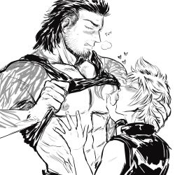 Rule 34 | 10s, 2boys, abs, bara, blush, closed eyes, clothes lift, drooling, final fantasy, final fantasy xv, gladiolus amicitia, hand on another&#039;s head, male focus, multiple boys, muscular, nipples, nyoh0, pectorals, prompto argentum, saliva, shirt lift, tattoo, undressing, yaoi