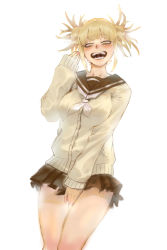 Rule 34 | 10s, 1girl, absurdres, artist request, blonde hair, blush, boku no hero academia, breasts, commentary request, covering privates, covering crotch, fangs, highres, large breasts, long sleeves, miniskirt, open mouth, school uniform, short hair, skirt, solo, toga himiko, yellow eyes