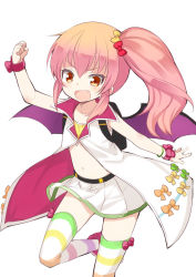 Rule 34 | 1girl, bat wings, bow, cape, fang, flower knight girl, lantana, lantana (flower knight girl), long hair, looking at viewer, midriff, navel, open mouth, pink hair, sakumo (karatama), side ponytail, smile, solo, striped clothes, striped thighhighs, thighhighs, wings, yellow eyes
