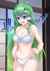 Rule 34 | 1girl, absurdres, antenna hair, aqua eyes, bare arms, bare shoulders, bra, breasts, cleavage, collarbone, commentary request, commission, cowboy shot, curvy, double-parted bangs, eyelashes, frilled bra, frilled panties, frills, frog hair ornament, green hair, groin, hair between eyes, hair ornament, halterneck, highres, indoors, kochiya sanae, large breasts, long hair, navel, open mouth, panties, pixiv commission, plump, ramie (ramie541), scared, shaded face, sidelocks, snake hair ornament, solo, sound effects, standing, stomach, straight hair, surprised, sweat, thighs, touhou, underwear, underwear only, very long hair, weight conscious, white bra, white panties