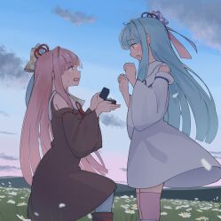 Rule 34 | 2girls, absurdres, black dress, black sleeves, blue hair, blue sky, blunt bangs, blush, box, commentary request, crying, crying with eyes open, detached sleeves, dress, falling petals, feet out of frame, field, flower, flower field, from side, gradient sky, hair ribbon, hands up, highres, holding, holding box, jewelry, kotonoha akane, kotonoha aoi, long hair, looking at another, marriage proposal, mountainous horizon, multiple girls, nervous, on one knee, open mouth, outdoors, petals, pink hair, pink thighhighs, ribbon, ring, siblings, sidelocks, sisters, sky, sleeveless, sleeveless dress, sumitsubame, sweatdrop, tears, thighhighs, voiceroid, wavy mouth, wedding ring, white dress, white flower, white sleeves, wide sleeves, yuri