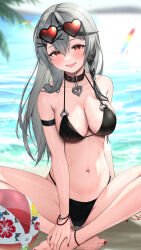 Rule 34 | 1girl, :d, ball, barefoot, bikini, black bikini, black collar, black hair, blurry, blurry background, blush, bowsan, bracelet, braid, breasts, cleavage, clothes lift, collar, crossed ankles, day, eyewear on head, feet, grey hair, hair ornament, heart, heart-shaped eyewear, highres, hololive, jewelry, knees apart feet together, large breasts, long hair, multicolored hair, nail polish, navel, ocean, open mouth, outdoors, parted lips, red eyes, red nails, sakamata chloe, single braid, sitting, smile, solo, stomach, streaked hair, sunglasses, swimsuit, toenail polish, toenails, toes, virtual youtuber, x hair ornament