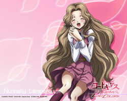Rule 34 | 00s, brown hair, code geass, code geass: lost colors, dated, long hair, nunnally vi britannia, official art, official wallpaper, own hands together, pink background, solo, tagme, very long hair, wallpaper