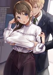 Rule 34 | 1boy, 1girl, blazer, blonde hair, blue jacket, blush, grabbing another&#039;s breast, breasts, brown hair, collared shirt, cowboy shot, frilled shirt, frilled shirt collar, frills, grabbing, grabbing from behind, green necktie, hair over shoulder, hands up, head tilt, hetero, highres, indoors, jacket, large breasts, long hair, long sleeves, mappaninatta, necktie, open mouth, original, parted lips, puffy sleeves, purple eyes, shirt, shirt tucked in, sidelocks, smirk, tareme, taut clothes, taut shirt, teacher, teacher and student, white shirt