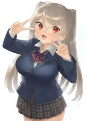 Rule 34 | 1girl, alternate costume, black jacket, blazer, blush, bow, bowtie, breasts, brown eyes, collared shirt, conte di cavour (kancolle), double v, grey hair, highres, jacket, kantai collection, large breasts, long hair, long sleeves, looking at viewer, necktie, open mouth, plaid, plaid skirt, pleated skirt, red necktie, school uniform, shirt, skirt, smile, solo, toka (marchlizard), two side up, v, white background, white shirt