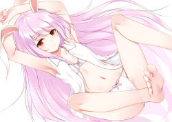 Rule 34 | 1girl, animal ears, armpits, arms up, bare arms, bare legs, bare shoulders, barefoot, blush, bow, bow panties, bra, breasts, collarbone, commentary, feet, feet out of frame, flan (seeyouflan), highres, knees up, long hair, looking at viewer, navel, open clothes, open shirt, panties, pink bow, pink hair, rabbit ears, red eyes, reisen udongein inaba, shirt, simple background, sleeveless, sleeveless shirt, small breasts, solo, stomach, thighs, toes, torn clothes, torn shirt, touhou, underwear, very long hair, white background, white bra, white panties, white shirt