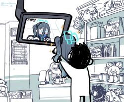 Rule 34 | 1boy, 2girls, absurdly long hair, aqua necktie, aris (blue archive), black bow, black bowtie, blue archive, blue eyes, blush, bow, bowtie, calendar (object), clock, commentary, convenience store, counter, digital clock, doodle sensei (blue archive), english commentary, forehead, hair between eyes, halo, indoors, instagram username, long hair, mini wings, monitor, multiple girls, necktie, one side up, open mouth, partially colored, sensei (blue archive), shop, sora (blue archive), store clerk, television, tumblr username, twitter username, very long hair, whitydragon, wings