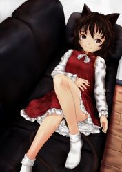 Rule 34 | 1girl, animal ears, brown eyes, brown hair, cat ears, cat tail, chen, couch, feet, female focus, lying, multiple tails, no headwear, no shoes, smile, socks, solo, tail, touhou, yoi (tokoyoi)