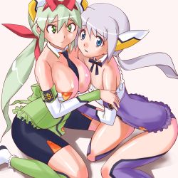 Rule 34 | 2girls, bare shoulders, bike shorts, blue eyes, breasts, detached collar, esmeralda (otomedius), flat chest, green eyes, green hair, hair ornament, kneeling, koyopi, large breasts, leotard, long hair, multiple girls, necktie, otomedius, otomedius excellent, poini coon, ponytail, purple hair, revealing clothes, shadow, simple background, sitting, thighhighs, twintails, wariza