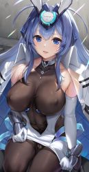 Rule 34 | 1girl, antenna hair, azur lane, black pantyhose, blue eyes, blue hair, blush, breasts, cameltoe, clothes lift, coat, commentary, covered collarbone, covered erect nipples, covered navel, detached sleeves, dress, dress lift, elbow gloves, gloves, hair intakes, headgear, highres, large breasts, lips, long hair, looking at viewer, new jersey (azur lane), open clothes, open coat, pantyhose, parted lips, sayika, see-through, short dress, sidelocks, sitting, skin tight, sleeveless, sleeveless dress, smile, solo, sweat, thighband pantyhose, thighs, turtleneck, very long hair, white gloves