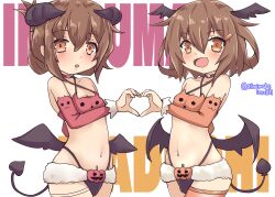 Rule 34 | absurdres, alternate costume, bat wings, bikini, black wings, bridal gauntlets, brown eyes, brown hair, character name, cowboy shot, demon girl, demon horns, demon tail, demon wings, fang, halloween costume, highres, horns, ikazuchi (kancolle), inazuma (kancolle), kantai collection, kitahama (siroimakeinu831), long hair, looking at viewer, matching outfits, mismatched bikini, one-hour drawing challenge, short hair, skin fang, swimsuit, symmetry, tail, twitter username, white background, wings