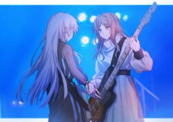 Rule 34 | 2girls, absurdres, bang dream!, bang dream! it&#039;s mygo!!!!!, black dress, brown hair, chihaya anon, chinese commentary, chromatic aberration, closed mouth, commentary request, dress, grey eyes, guitar, highres, holding, holding guitar, holding instrument, instrument, long hair, long sleeves, looking at another, multiple girls, muonrei00, music, nagasaki soyo, pink hair, playing instrument, see-through, see-through sleeves, sidelocks, skirt, smile, sweater, white skirt, white sweater