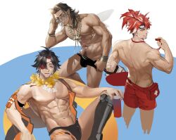 Rule 34 | 3boys, abs, adjusting eyewear, alchemy stars, anjingkuxiao, bara, bare pectorals, black male swimwear, bulge, butt crack, chain, chain necklace, character request, come hither, cropped legs, dark-skinned male, dark skin, eyepatch, facial hair, flower, flower necklace, goatee, highres, jewelry, large pectorals, lifeguard, long sideburns, looking at viewer, looking back, looking over eyewear, male focus, male swimwear, male swimwear pull, mature male, mechanical legs, multiple boys, muscular, muscular male, navel, navel hair, necklace, no nipples, parted bangs, pectorals, pointy ears, pulling own clothes, red male swimwear, roy (alchemy stars), seductive smile, short hair, sideburns, sinsa (alchemy stars), sleeveless, smile, sparse stubble, sunglasses, surfboard, swim briefs, swim trunks, thick eyebrows, topless male, unfinished, whistle, whistle around neck