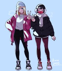 Rule 34 | 2023, 2girls, absurdres, alternate costume, animification, black hair, blonde hair, blue eyes, bright pupils, cindy moon, closed eyes, earmuffs, full body, gwen stacy, highres, jacket, marvel, multiple girls, one eye closed, open clothes, open jacket, scarf, spider-man (series), standing, sushi pizza rrr, v, w, white pupils, winter clothes