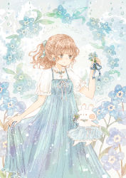 Rule 34 | 1girl, artist name, blue dress, blue eyes, blue flower, blue overalls, blue ribbon, blue skirt, blue theme, blush, blush stickers, clothes grab, collared dress, dot mouth, dot nose, dress, earrings, expressionless, flower, flower brooch, flower earrings, forget-me-not (flower), frilled shirt, frilled skirt, frilled sleeves, frills, gradient background, gradient eyes, hair ribbon, heart, heart-shaped pupils, highres, holding, holding flower, jewelry, light blue background, light blue ribbon, light brown hair, light particles, long skirt, looking at object, medium hair, momochy, multicolored eyes, nose blush, original, overalls, pastel colors, pinafore dress, ponytail, rabbit, ribbon, shirt, short ponytail, short sleeves, signature, skirt, sleeveless dress, symbol-shaped pupils, thick eyelashes, white background, white ribbon, white shirt