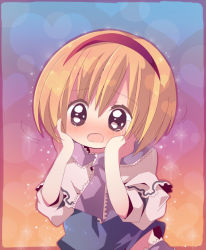 Rule 34 | 1girl, alice margatroid, ana (rznuscrf), blonde hair, brown eyes, chibi, female focus, hairband, hands on own face, heart, open mouth, short hair, solo, sparkle, tears, touhou, upper body