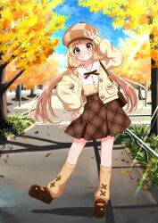 1girl :d artist_name autumn_leaves bag black_shoes blonde_hair blurry blurry_background brown_hat brown_skirt brown_socks day full_body gomasho_asuka hand_on_own_hip handbag hat highres jacket leaf long_hair mary_janes open_mouth original outdoors pocket railing shoes skirt smile socks standing tree yellow_eyes yellow_jacket