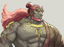 1boy abs bara beard body_markings brown_shirt colored_skin commentary_request earrings facial_hair ganondorf gem gerudo gold_necklace green_skin highres jewelry kinoshita_jiroh long_hair looking_to_the_side male_focus multiple_earrings muscular muscular_male necklace nintendo pectoral_cleavage pectorals pointy_nose ponytail red_hair shirt simple_background the_legend_of_zelda the_legend_of_zelda:_tears_of_the_kingdom