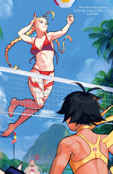 Rule 34 | 3girls, absurdres, back, ball, balloon, barefoot, beach, beach volleyball, bikini, blonde hair, blue eyes, blue sky, bracelet, braid, cammy white, capcom, capcom fighting jam, character name, character request, check character, chun-li, dark-skinned female, dark skin, day, hairpods, highres, imageboard desourced, ingrid (capcom), jewelry, jumping, makoto (street fighter), midair, mountain, multiple girls, navel, non-web source, open mouth, out of frame, outdoors, overlord jc, palm tree, pink bikini, playing sports, quoted, red bikini, sky, smile, spiked bracelet, spikes, sports bikini, sports bra, sportswear, street fighter, street fighter iii (series), swimsuit, toes, tree, twin braids, udon entertainment, volleyball, volleyball (object), volleyball net, volleyball uniform