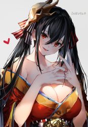 Rule 34 | 1girl, azur lane, bad id, bad twitter id, bare shoulders, black hair, blush, breasts, cleavage, collarbone, dated, dress, grey background, hair between eyes, hair ornament, hair ribbon, head tilt, heart, highres, japanese clothes, large breasts, long hair, looking at viewer, parted lips, red dress, red eyes, ribbon, simple background, smile, solo, string, string of fate, taihou (azur lane), twintails, umibouzu (niito), wide sleeves