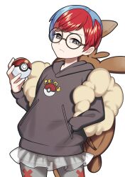 Rule 34 | 1girl, absurdres, backpack, bag, blue hair, brown bag, closed mouth, commentary request, cowboy shot, creatures (company), frown, game freak, glasses, grey eyes, hand in pocket, hand up, highres, holding, holding poke ball, hood, hoodie, multicolored hair, nintendo, pantyhose, penny (pokemon), poke ball, poke ball (basic), poke ball print, pokemon, pokemon sv, red hair, round eyewear, see-through, see-through skirt, short hair, shorts, shorts under skirt, simple background, skirt, solo, two-tone hair, white background, yuihico