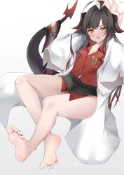 Rule 34 | 1girl, absurdres, ahoge, bare legs, barefoot, black hair, black nails, black shorts, blue archive, blush, breasts, coat, collarbone, collared shirt, crossed legs, demon horns, demon tail, eyelashes, fang, feet, full body, grey background, hair intakes, hands up, highres, horns, invisible chair, kasumi (blue archive), lab coat, legs, long hair, long sleeves, looking at viewer, micro shorts, nail polish, open mouth, parted bangs, red shirt, shirt, shirt tucked in, shorts, sitting, skin fang, sleeves past fingers, sleeves past wrists, small breasts, soles, solo, spread toes, tail, thighs, toenail polish, toenails, toes, v-shaped eyebrows, very long hair, white coat, yanwulazy, yellow eyes