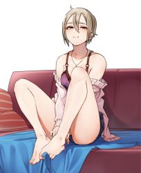 Rule 34 | 1girl, bare legs, bare shoulders, barefoot, bed sheet, blush, brown eyes, camisole, cardigan, clothes down, couch, frilled camisole, frills, full body, grey hair, hair between eyes, highres, idolmaster, idolmaster cinderella girls, jewelry, kakaobataa, long sleeves, looking at viewer, messy hair, necklace, open cardigan, open clothes, pillow, shiomi syuko, short hair, short shorts, shorts, sitting, smile, solo, toes, white background
