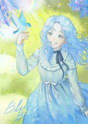 Rule 34 | 1girl, animal, bird, blue bird, blue dress, blue eyes, blue hair, dress, english text, frilled dress, frills, from above, gavin (jypic), grass, grin, highres, korean commentary, long hair, long sleeves, looking at animal, looking up, original, smile, solo