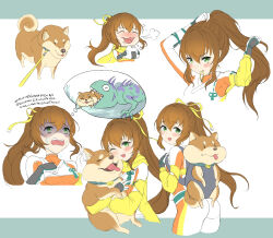 Rule 34 | 1girl, absurdres, ass, bodysuit, breasts, brown hair, character name, eating, gloves, green eyes, hair ribbon, highres, long hair, looking at viewer, medium breasts, multiple views, open mouth, orange bodysuit, original, pafekui, ponytail, ribbon, scarf, science fiction, shiba inu, space, two-tone bodysuit, very long hair, white bodysuit, white gloves, yellow ribbon, yellow scarf